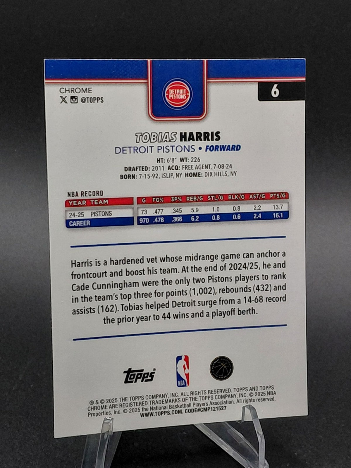 Tobias Harris 2025-26 Topps Chrome Green Refractor #6 89/99 Pistons NBA