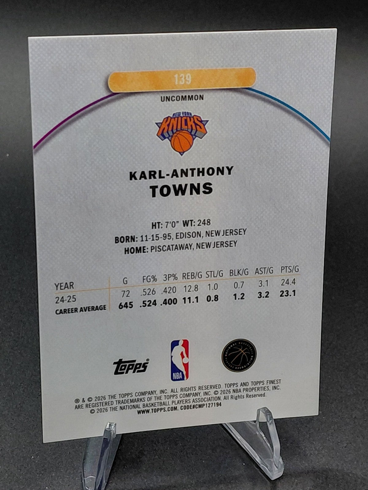2025 Topps Finest Karl-Anthony Towns Purple Checkerboard Refractor 36/99 Knicks