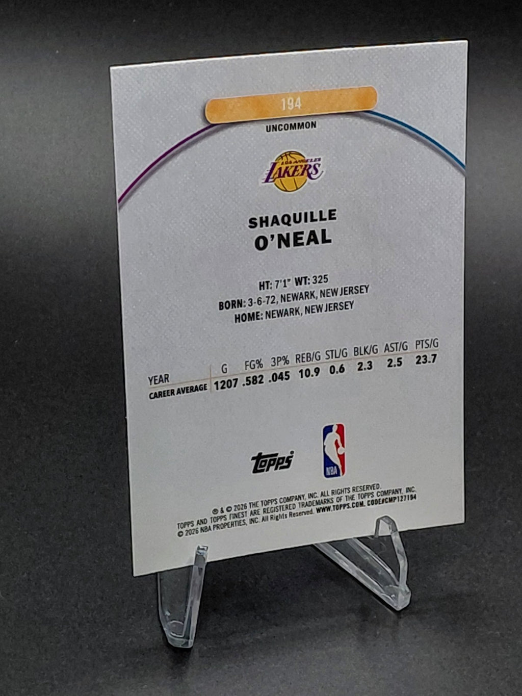 2025-26 Topps Finest Shaquille O’Neal Aqua Refractor /250 Lakers