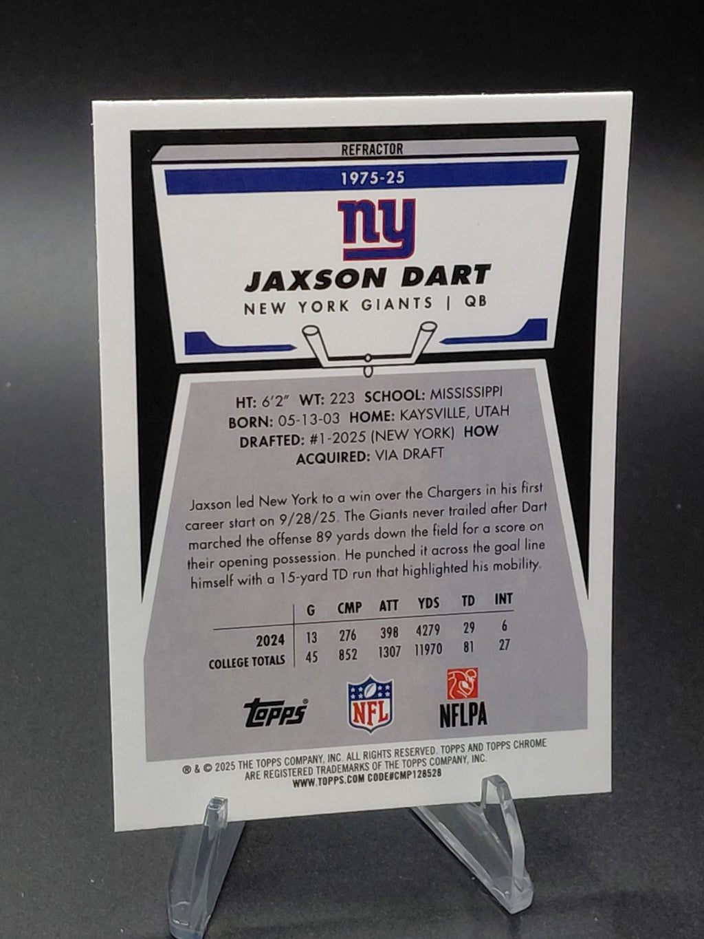 2025 Topps Chrome Jaxson Dart RC Refractor 1975-25 NY Giants QB