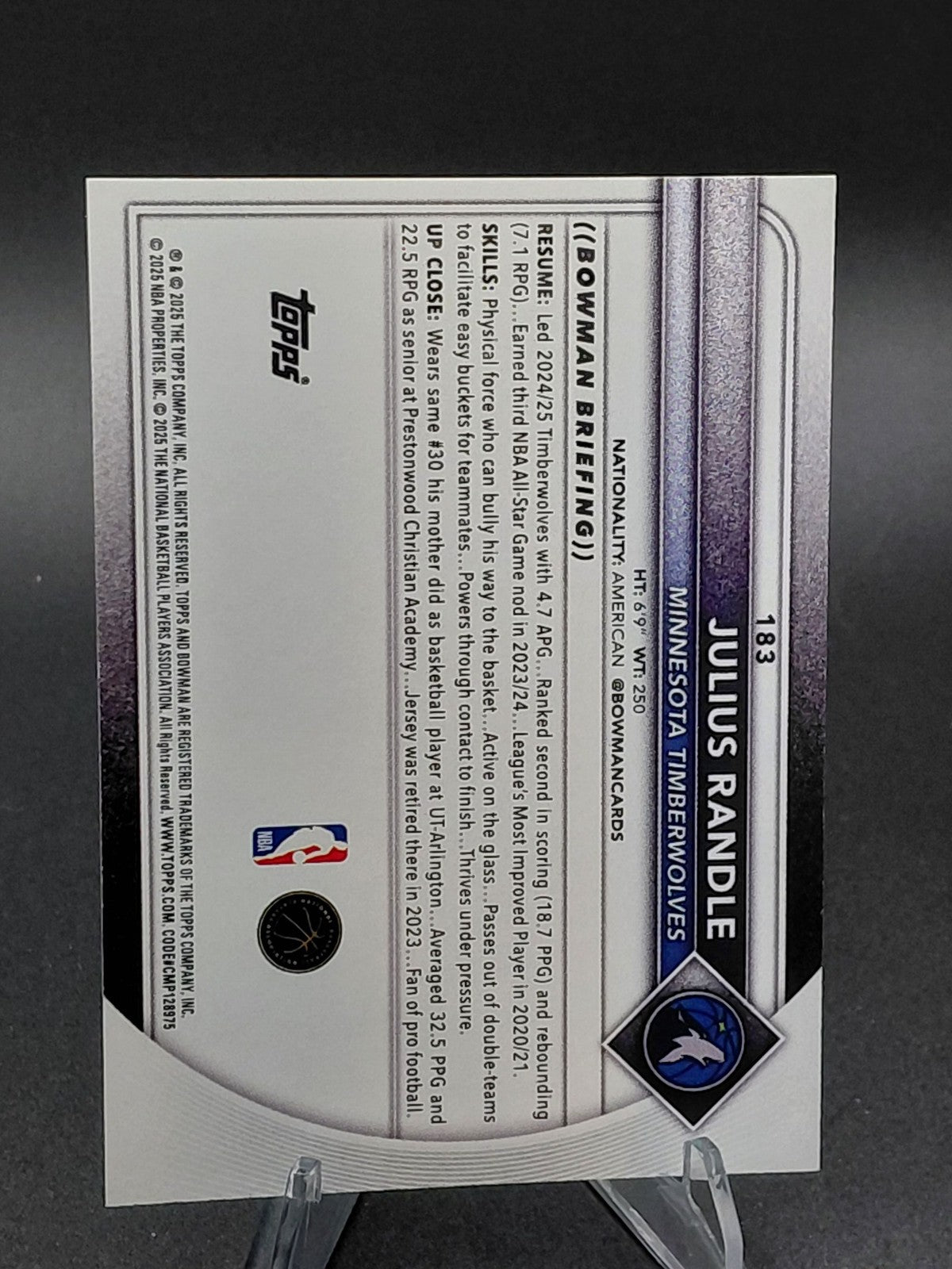 2025 Bowman Julius Randle Gold Refractor 01/50 #183 Minnesota Timberwolves