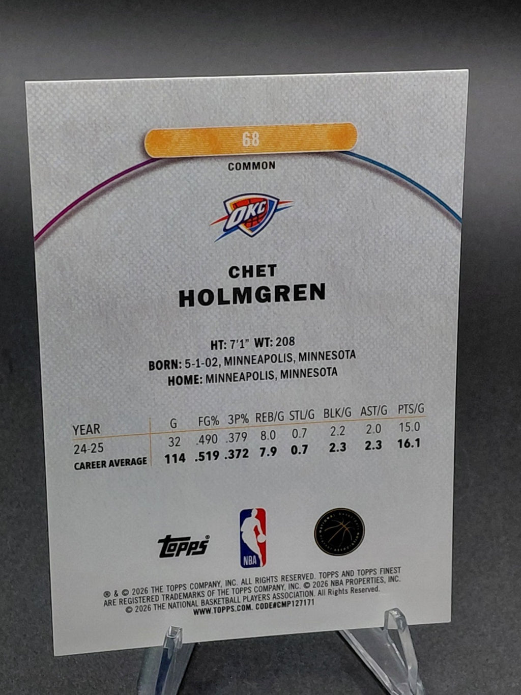 2026 Topps Finest Chet Holmgren Purple Refractor OKC Thunder #22/150