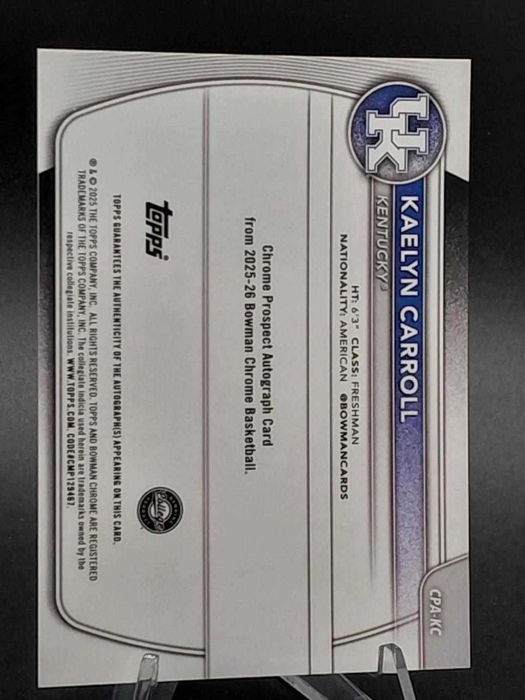2025-26 Bowman - Chrome Prospect Autographs Kaelyn Carroll #CPA-KC Purple...