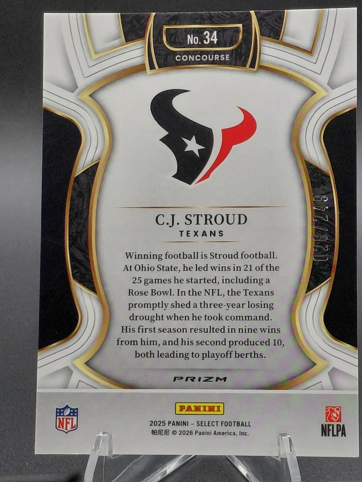 2025 Panini Select C.J. Stroud Checkerboard Prizm #34 NFL Card Numbered 028/249