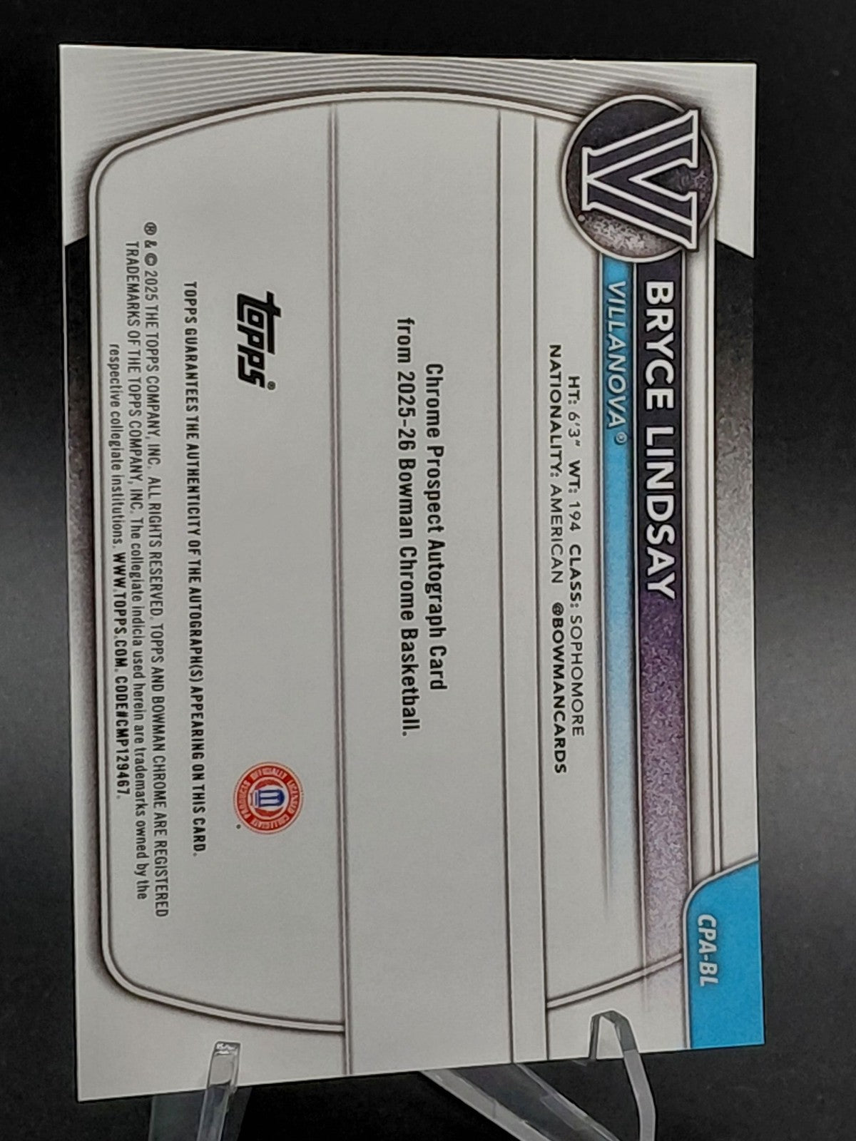 Bryce Lindsay 2025-26 Bowman Chrome 1st Auto Villanova Card