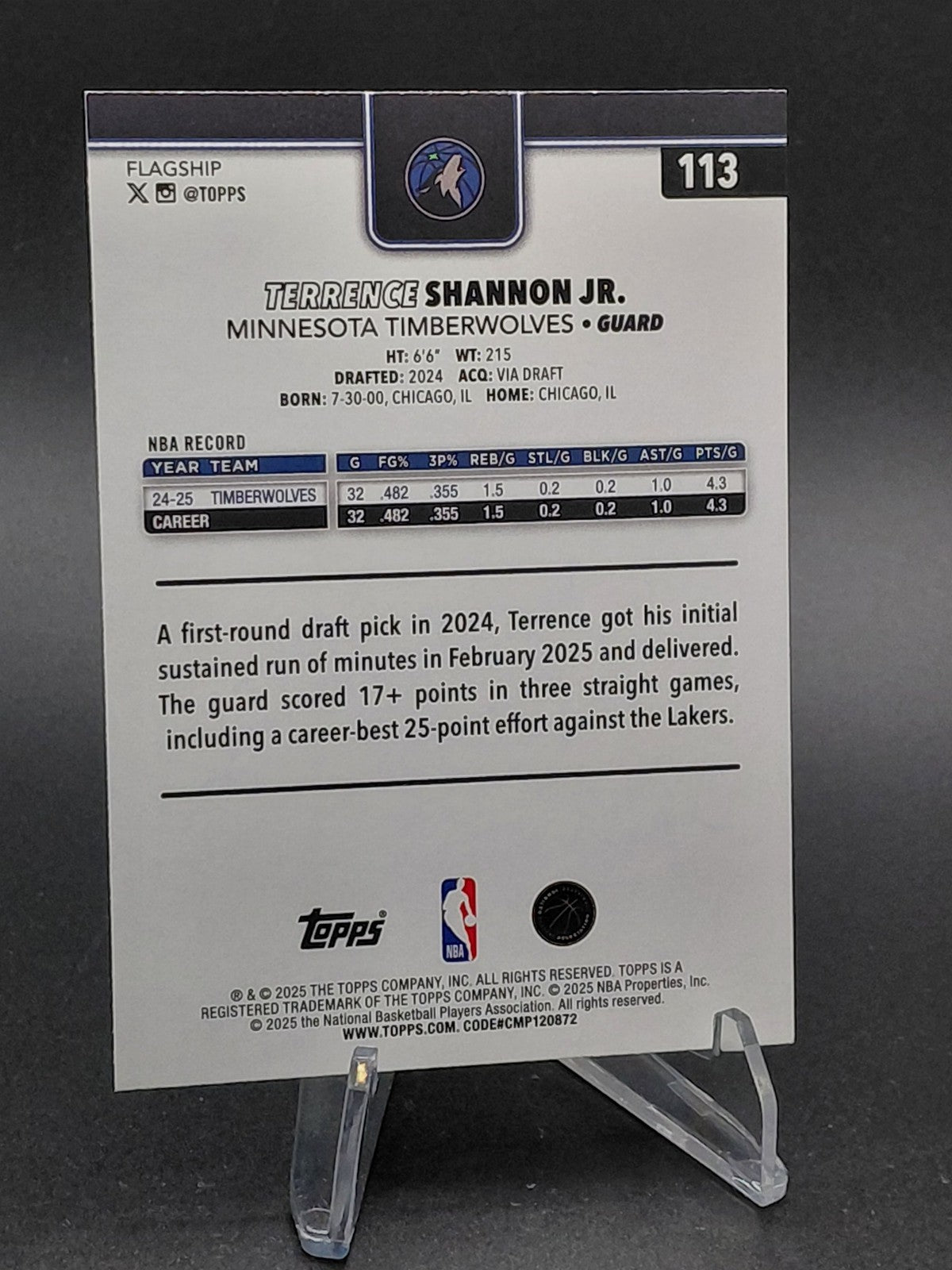 2025-26 Topps Terrence Shannon Jr. Timberwolves Card 113 Serial # 0598/2025