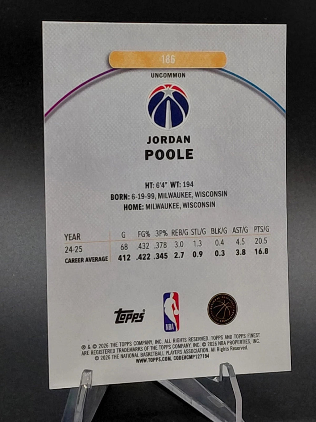 2025 Topps Finnest Jordan Poole #186 15/20 Orange Refractor