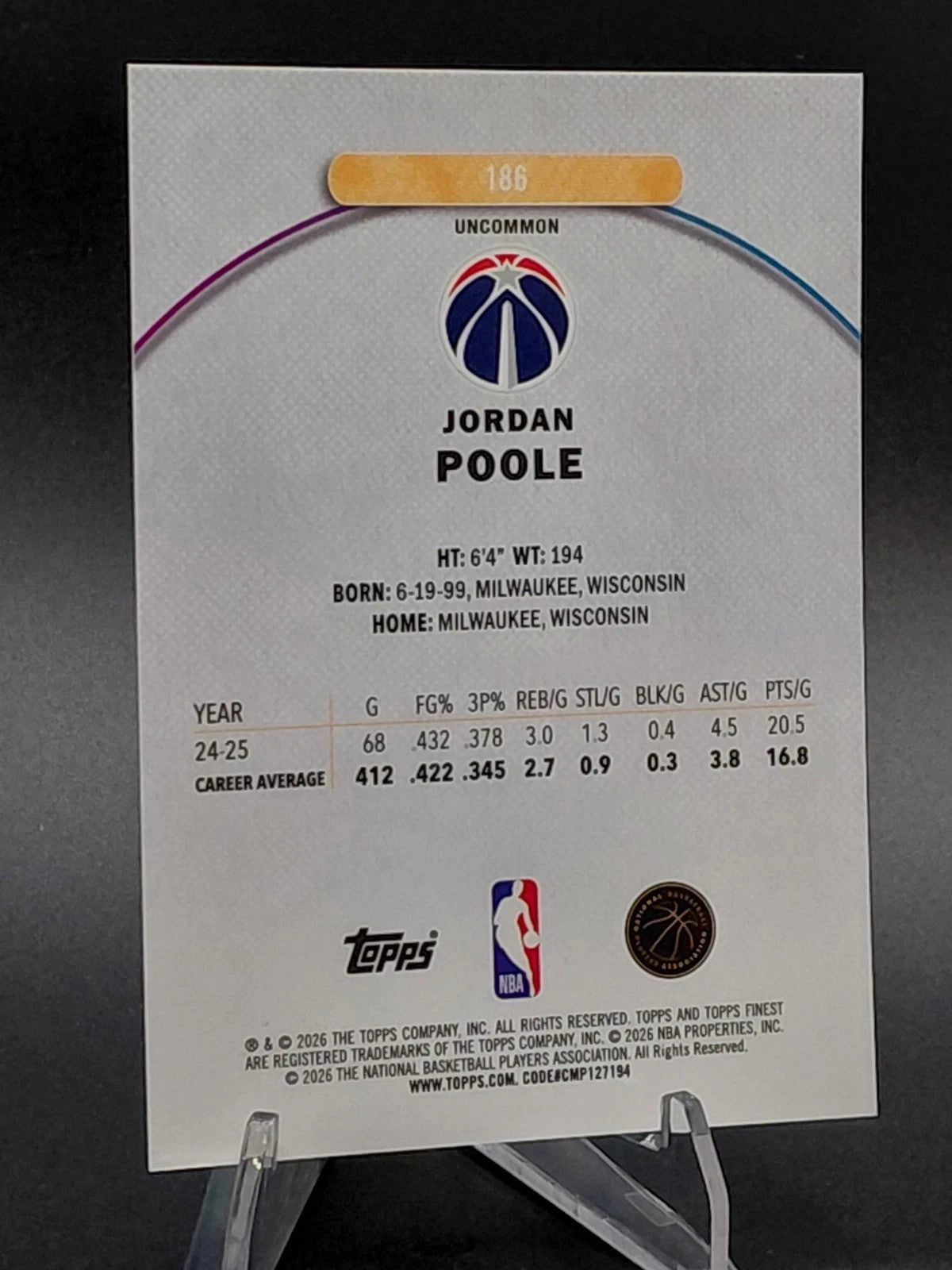 2025 Topps Finnest Jordan Poole #186 15/20 Orange Refractor